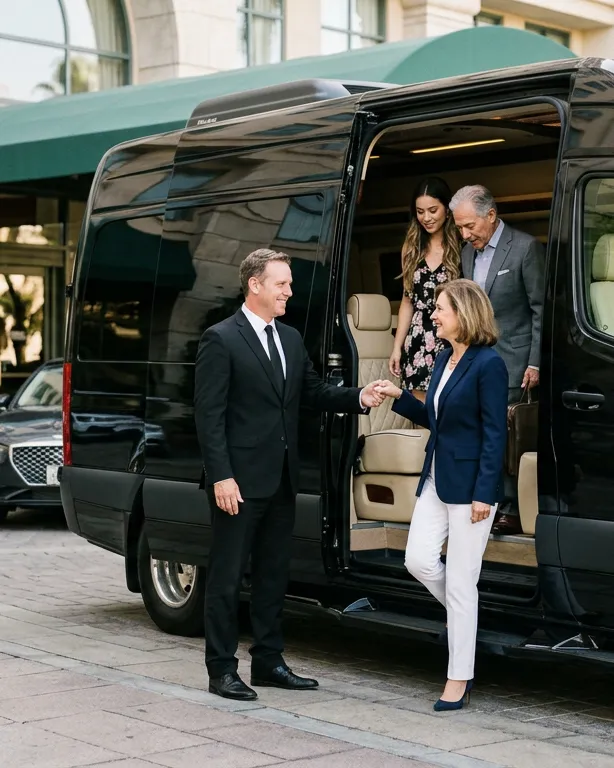 Professional Prime Time Shuttle driver greeting passengers at a van