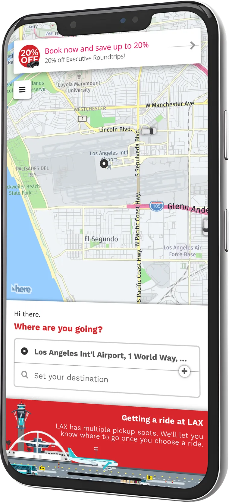 Prime Time Shuttle app open on a phone, showing the map and destination search