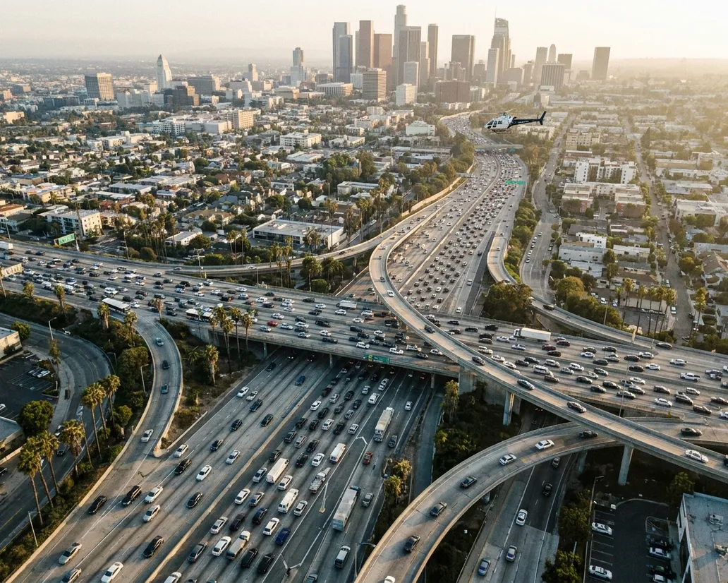 Heavy Los Angeles freeway traffic at golden hour
