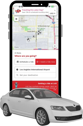 The Prime Time Shuttle app showing an ASAP ride request, beside a Prime Time Shuttle sedan
