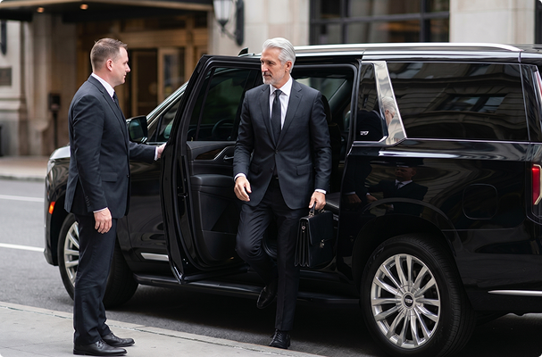 Executive arriving by Prime Time Shuttle