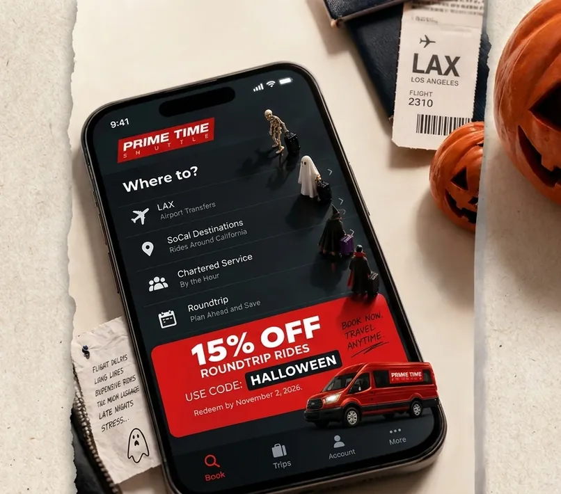 Prime Time Shuttle app showing 15% off roundtrip rides beside Halloween pumpkins